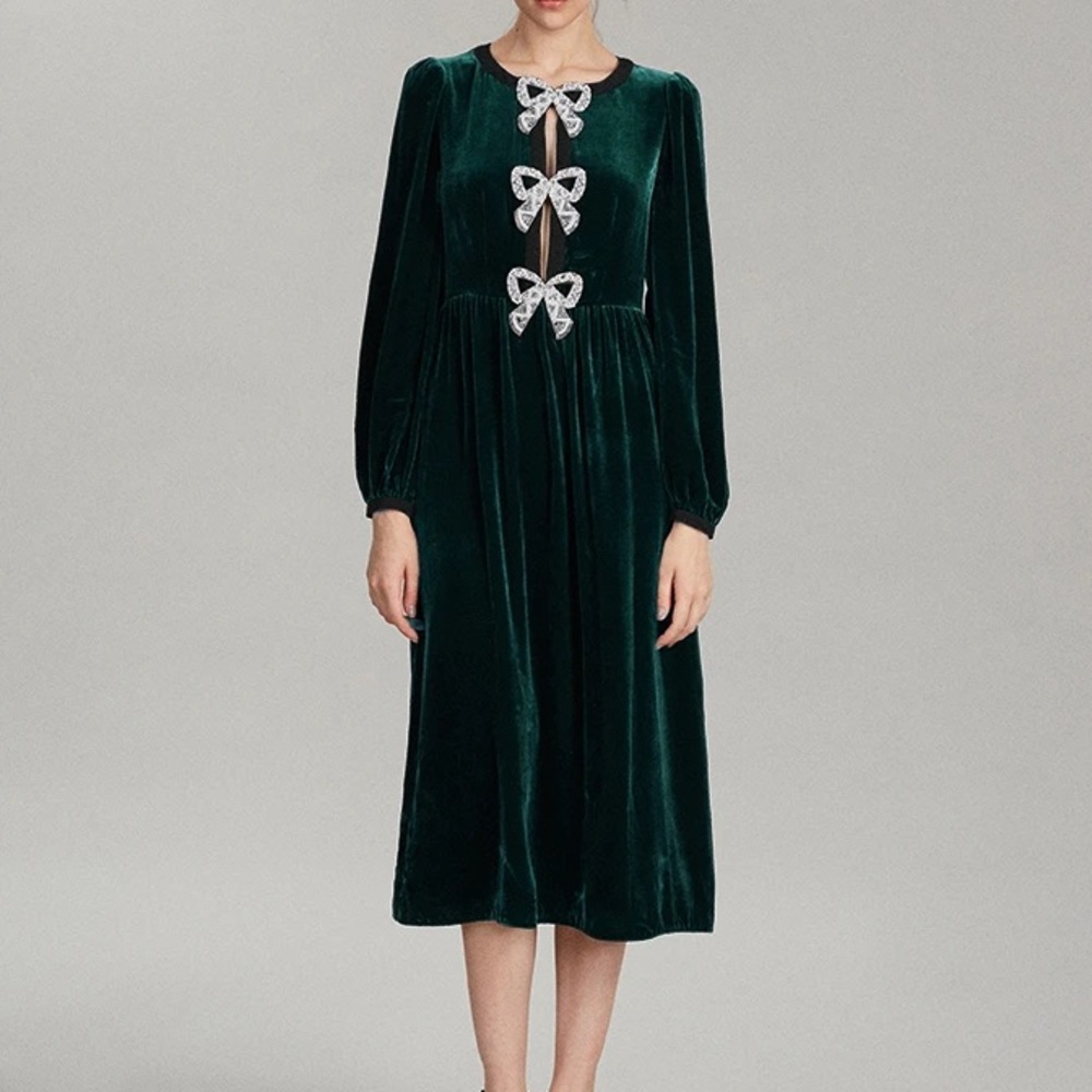 NWT never-worn Saloni green velvet dress with bows